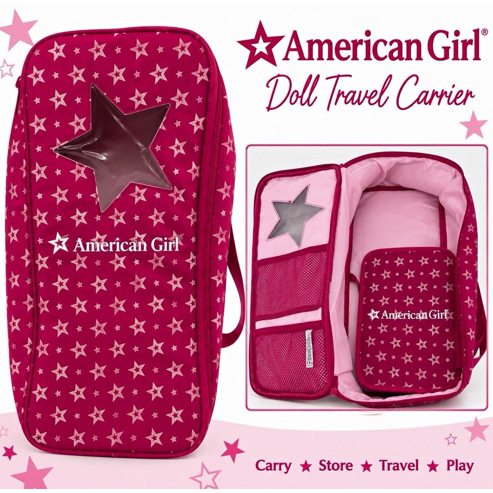 American Girl 18 in Doll Travel Carrier Bag Pink Star Print w/ Zip Pouch HHM176
